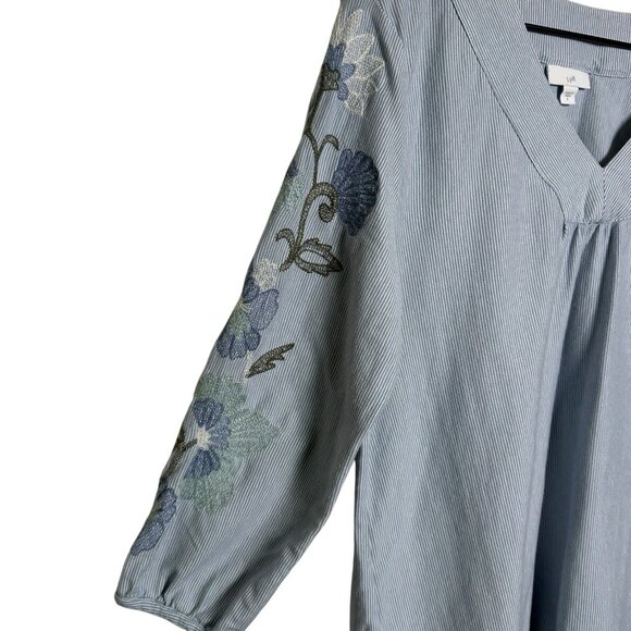 J. Jill Blue Striped Floral Embroidered Top Sz Small Cotton Coastal 3/4 Sleeve - Picture 5 of 11